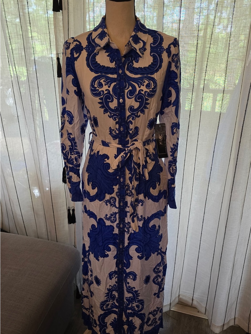 MSK Blue and White Long Sleeve Maxi Shirt Dress with Tie Waist